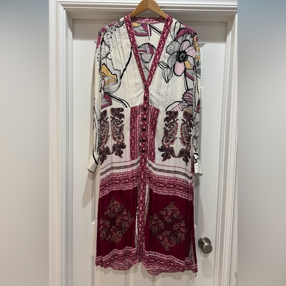 Free People C'est Moi Mixed Print Maxi Top Womens Sz XS Button Up Cardigan Dress - Picture 7 of 15